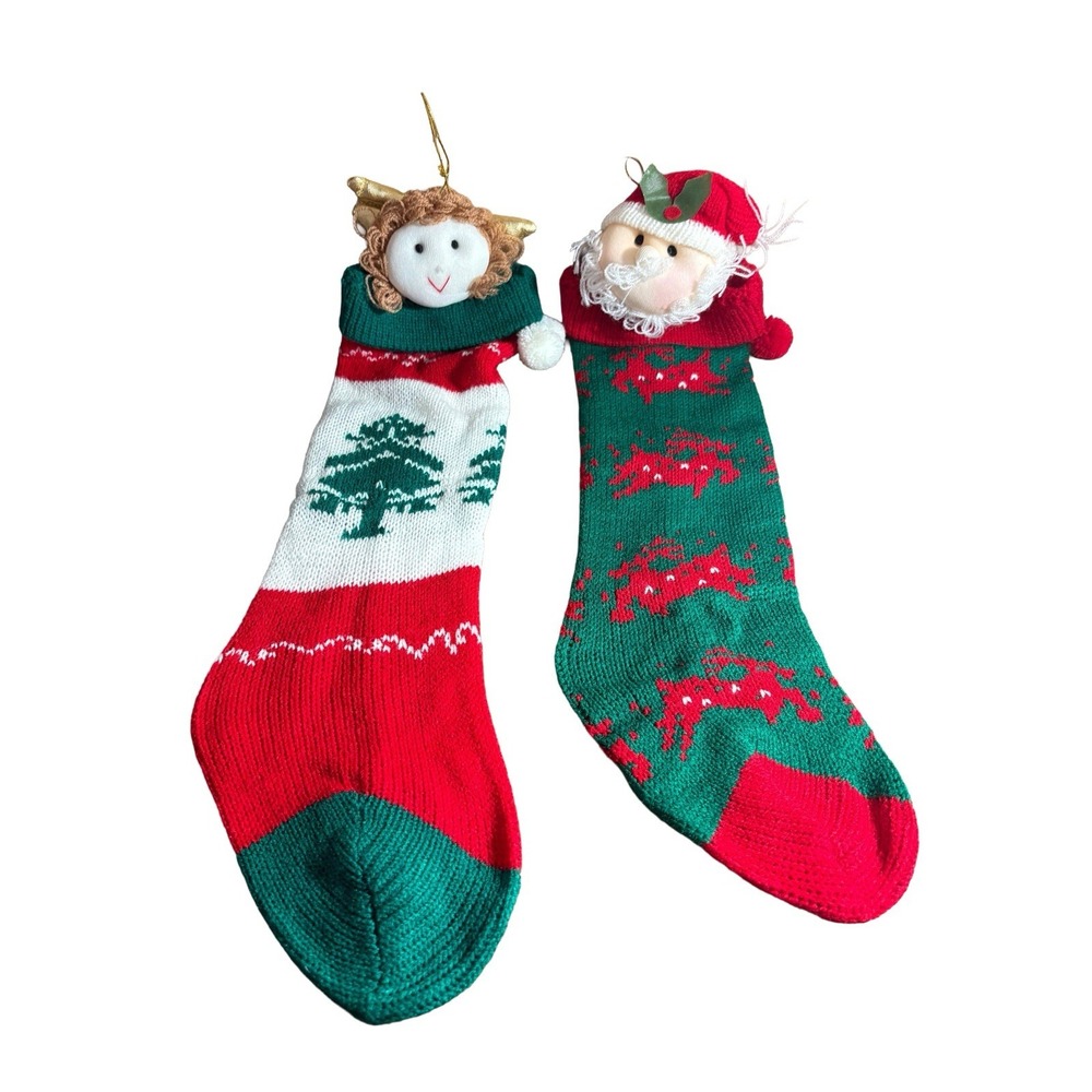 Pair Vintage Hand Knit Stockings With 3D Plush Santa Angel Red White‎ Green 14"